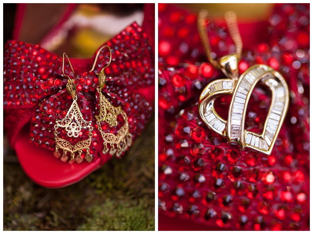 red wedding shoes and gold jewelry