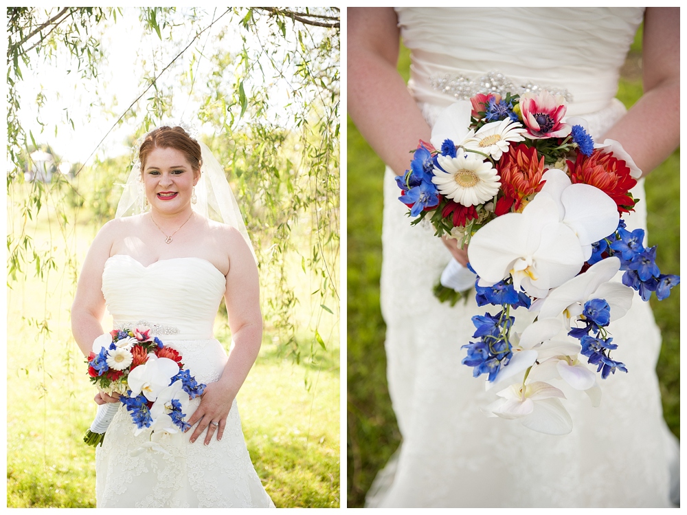 bride with red white and blue bouquet