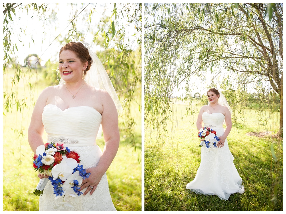 bride with red white and blue bouquet