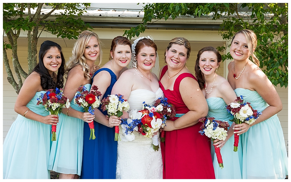 bridal party red white and blue dresses