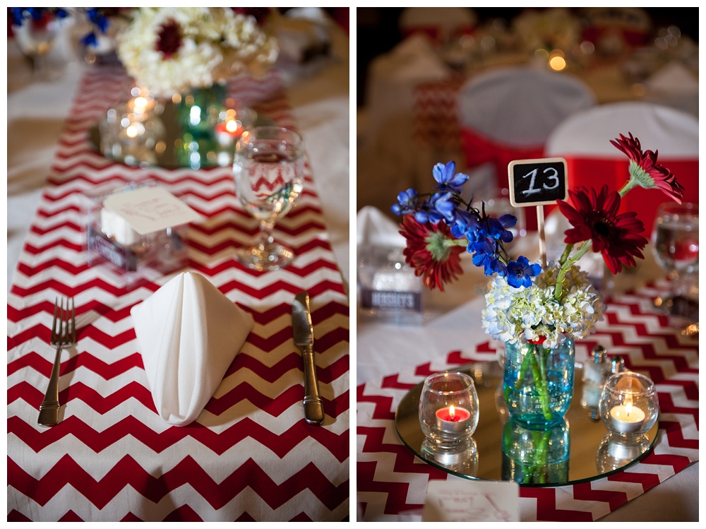 red white and blue wedding reception decor