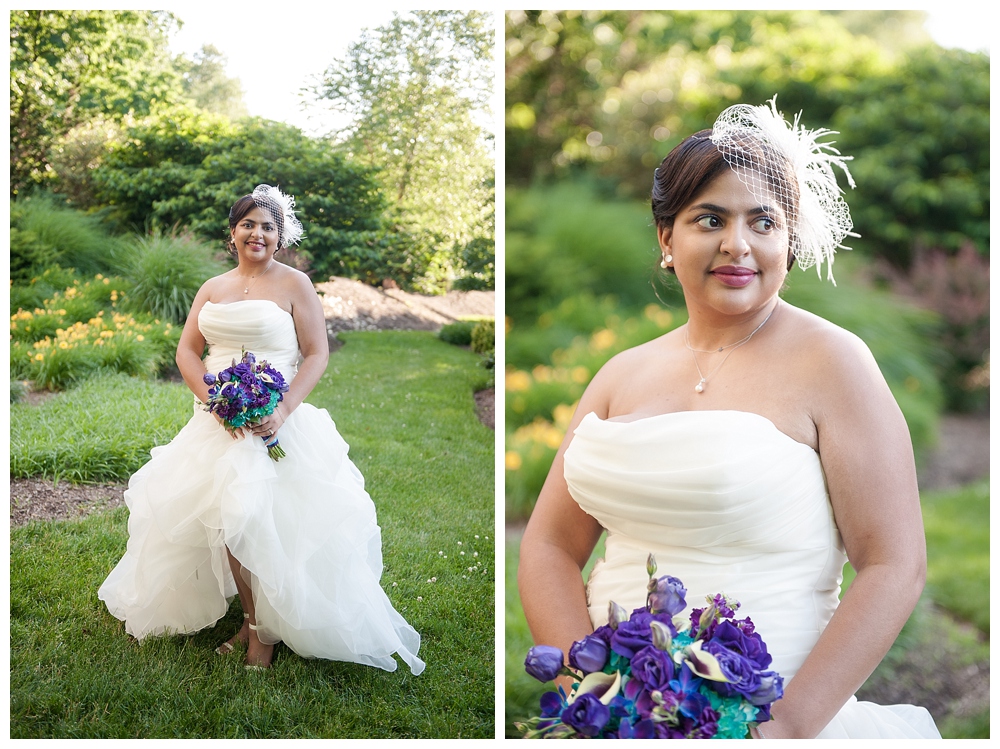 bride with blue and purple bouquet