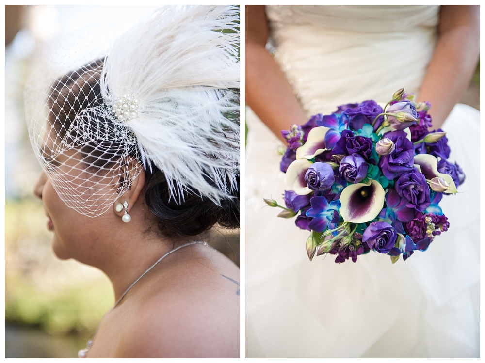 fascinator with feathers blue and purple bouquet
