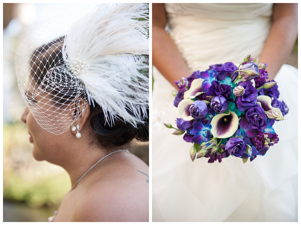 fascinator with feathers blue and purple bouquet