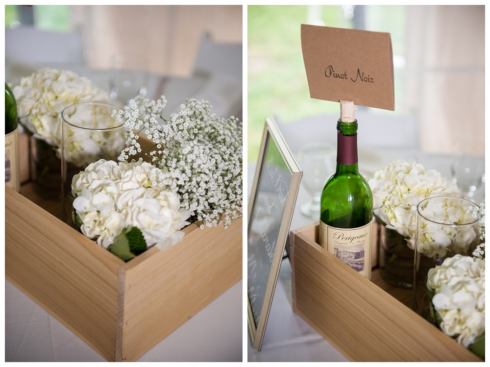 table at reception with wine bottles and bo