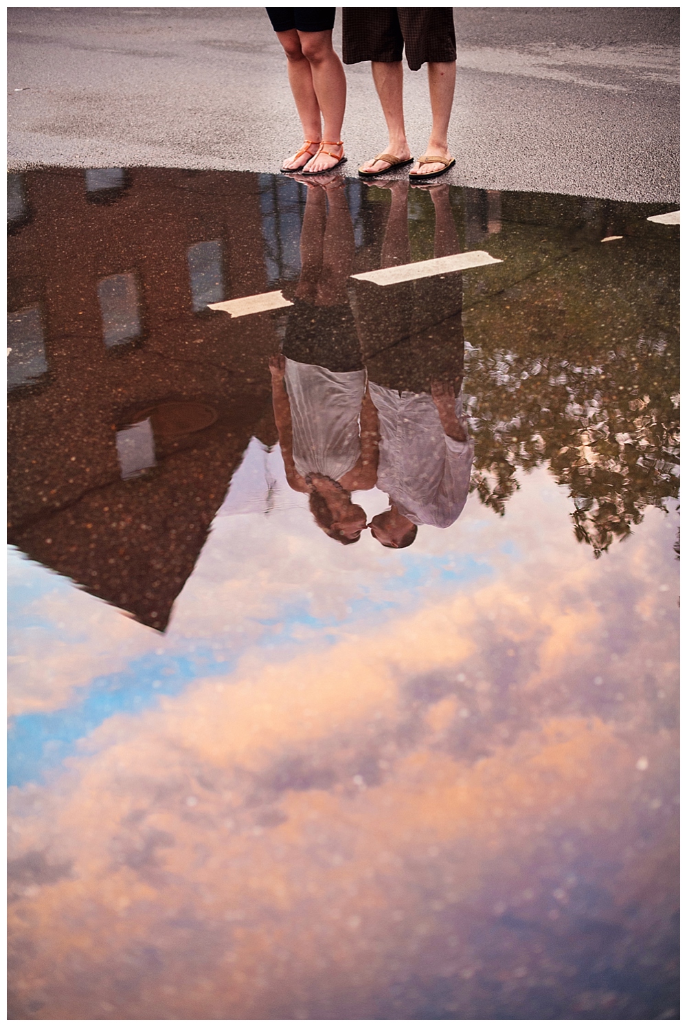 engagement photography old town alexandria reflection in puddle sunset