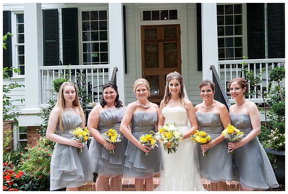 Bridal party grey dresses yellow bouquets
