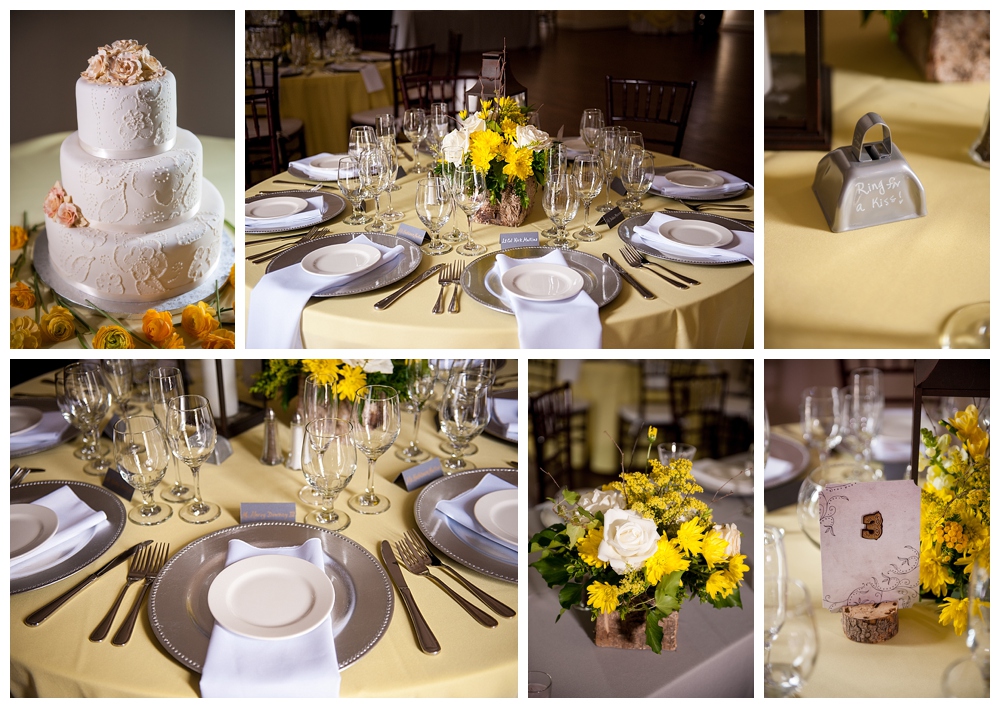 yellow and grey wedding reception tables