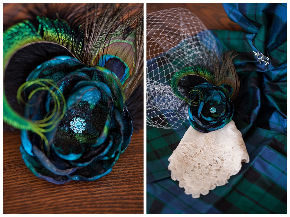 blue and green tartan and hairpiece