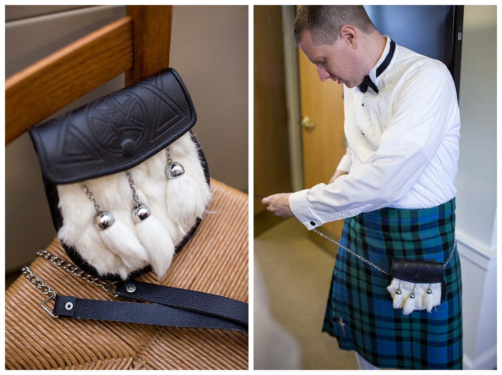 groom getting dressed in kilt