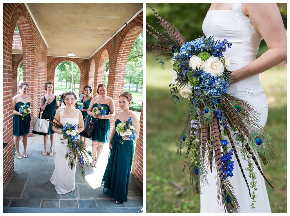 bridesmaids in green gowns and blue bridal bouquet