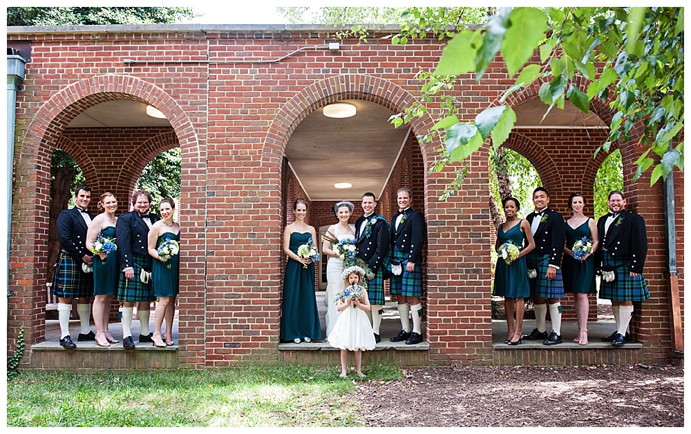 bridal party in kilts and green dresses