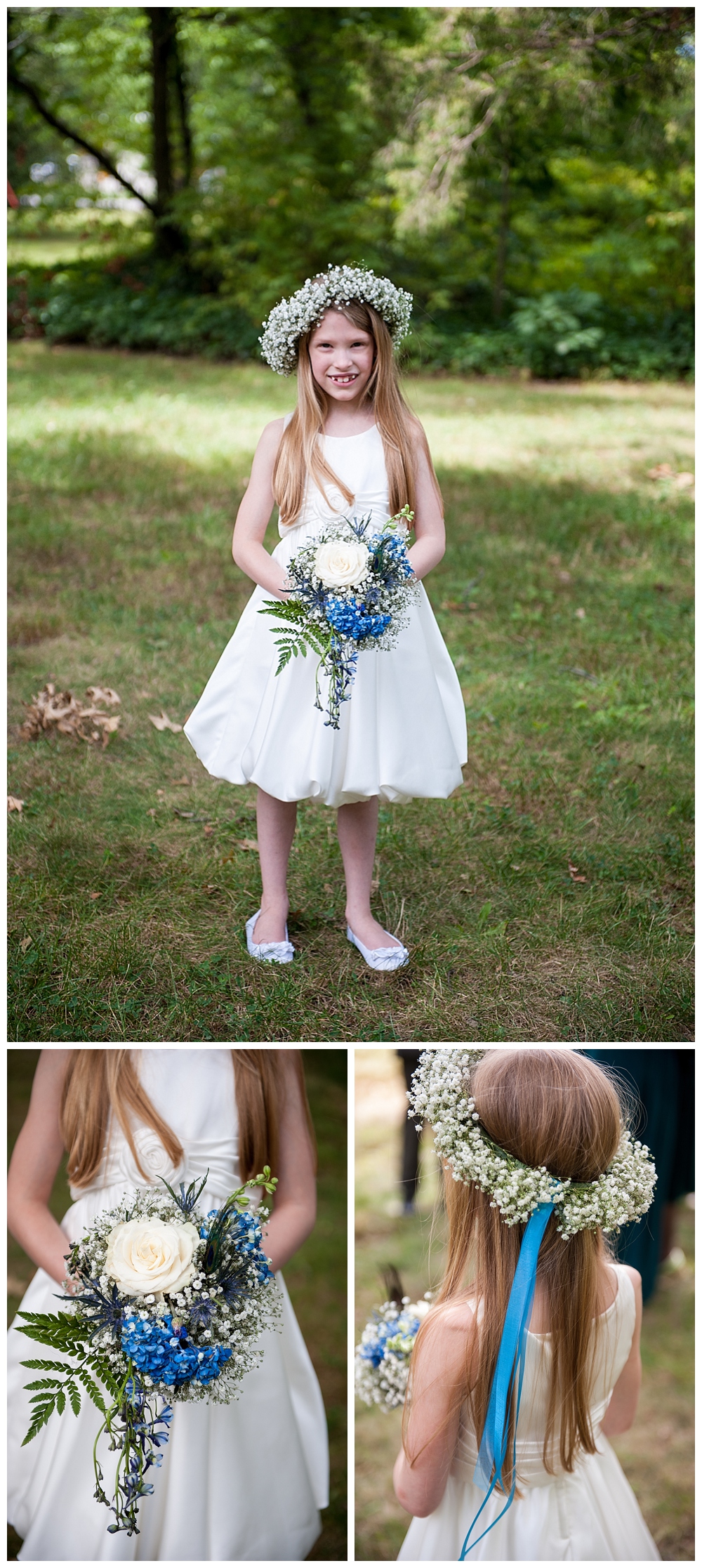 flower girl with baby's breath flower crown and bouquet