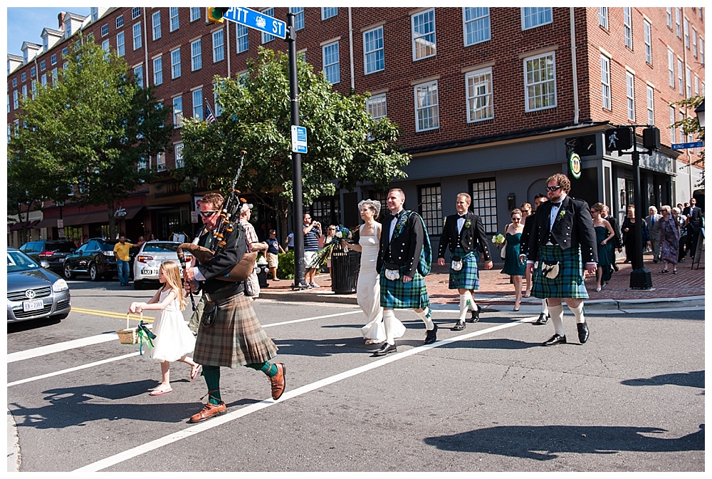 Bridal Party parade with bagpiper Old Town Alexandria