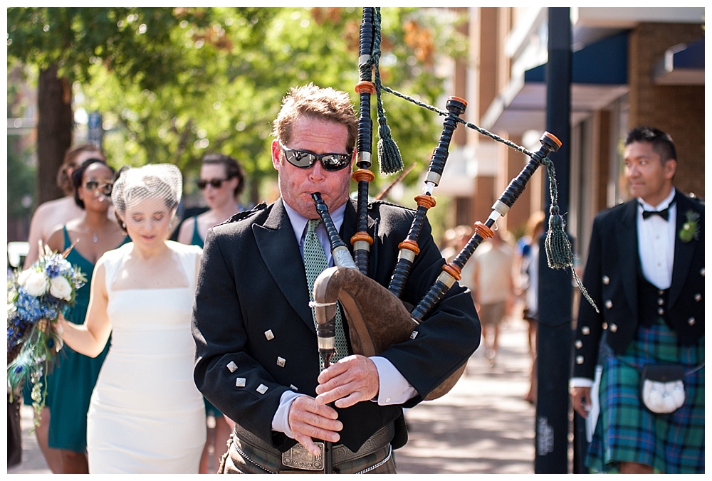 Bridal Party parade with bagpiper Old Town Alexandria