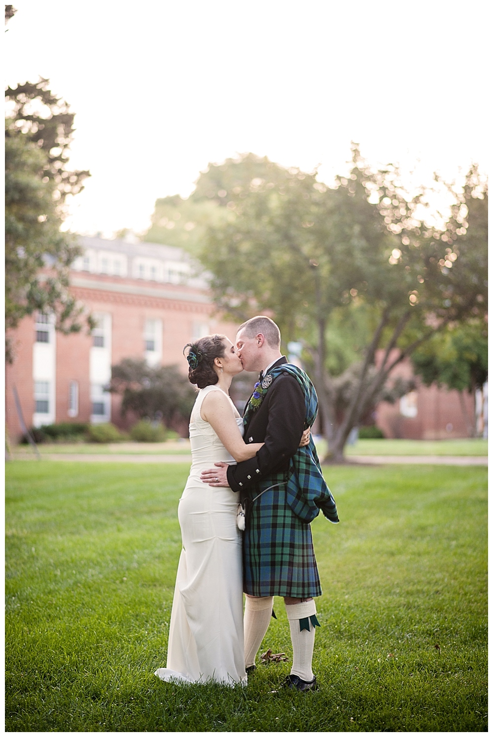 bride and groom in kilt portrait backlight Virginia Theological Seminary
