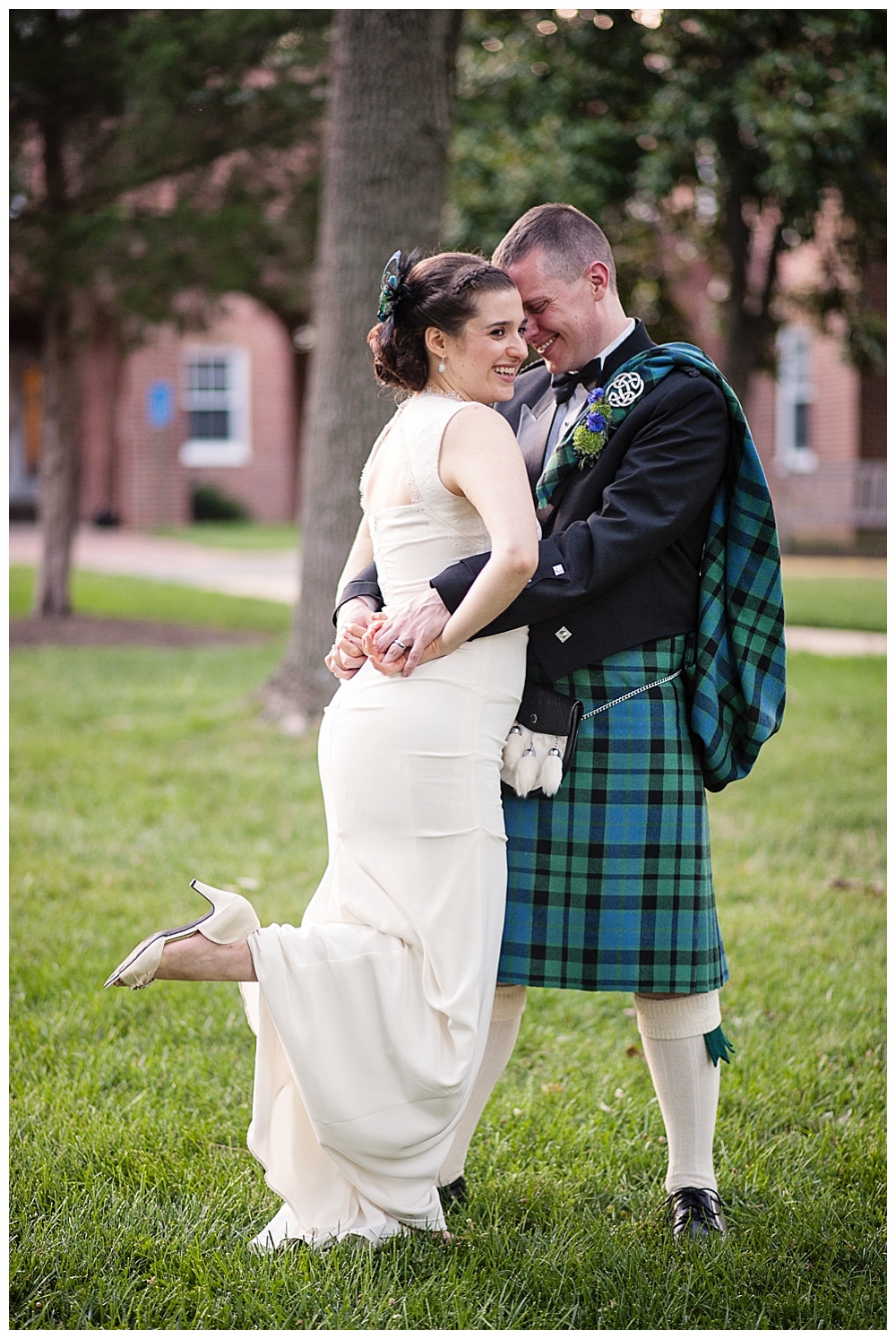 bride and groom in kilt portrait backlight Virginia Theological Seminary