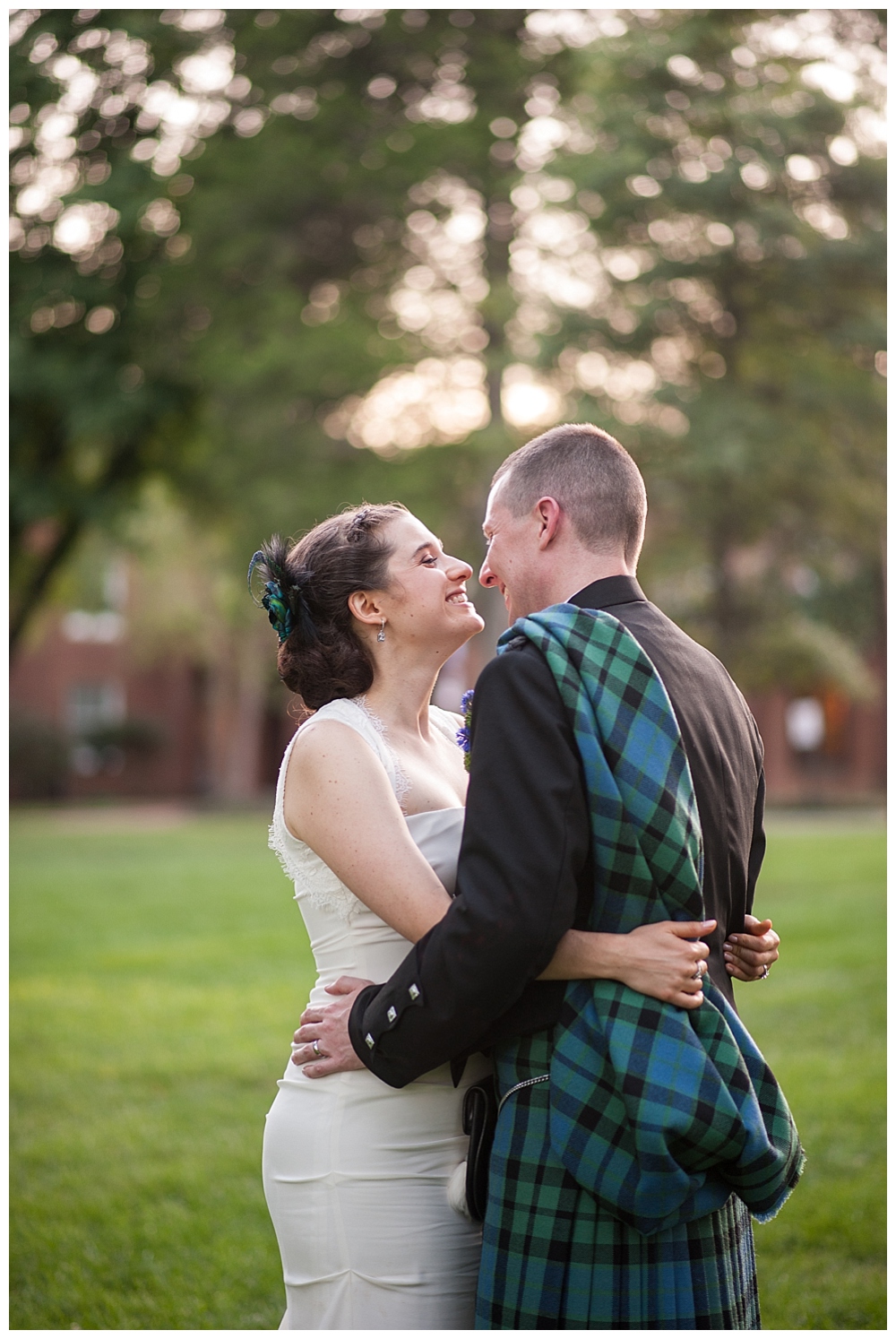bride and groom in kilt portrait backlight Virginia Theological Seminary