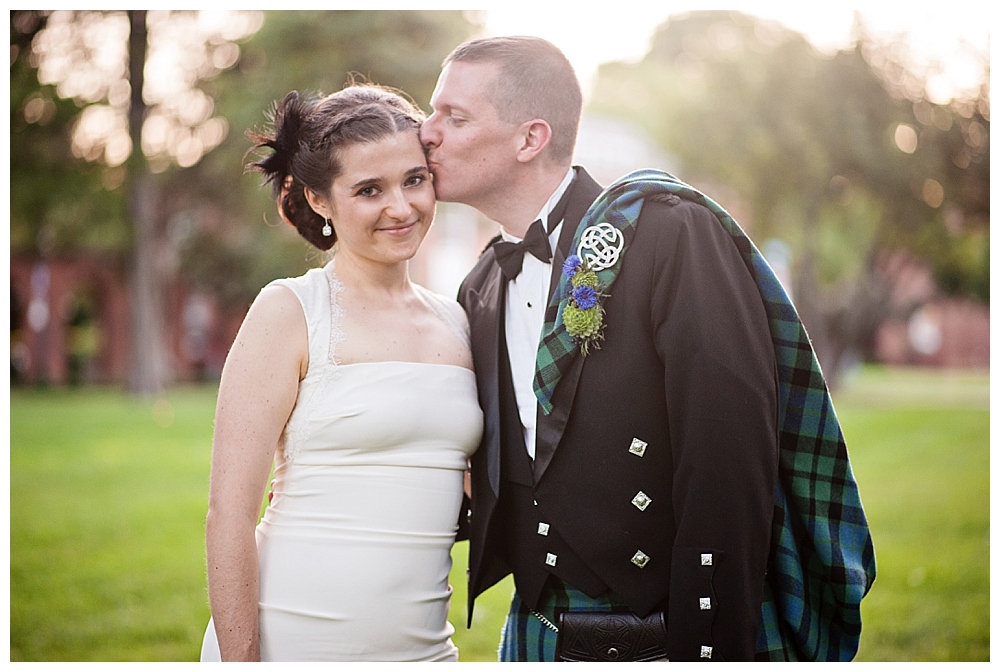 bride and groom in kilt portrait backlight Virginia Theological Seminary