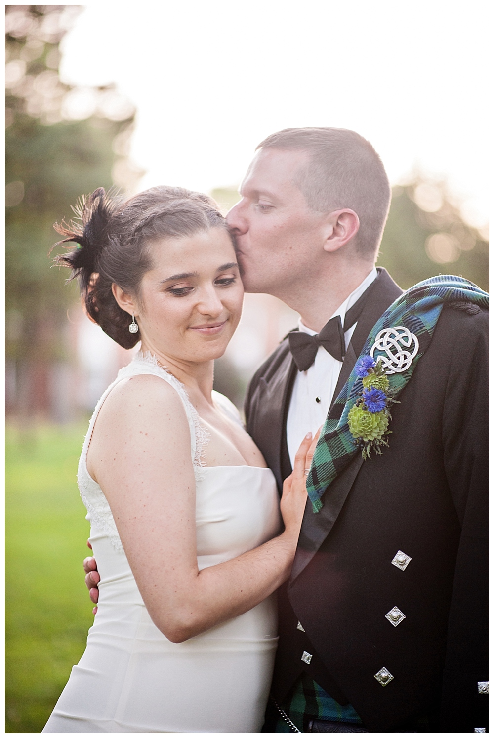 bride and groom in kilt portrait backlight Virginia Theological Seminary