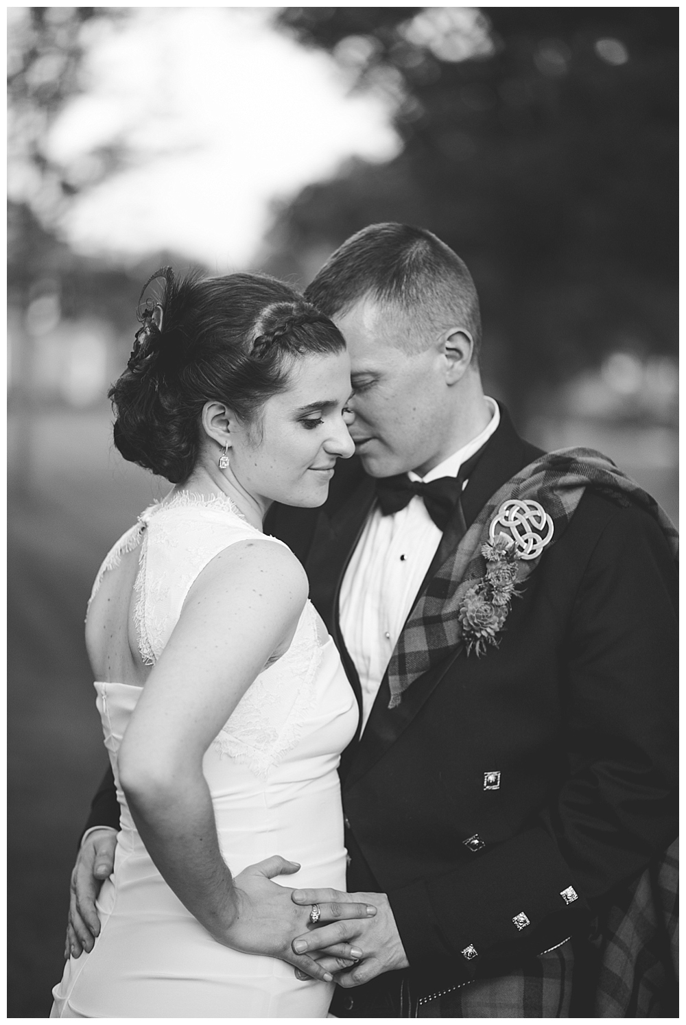 bride and groom in kilt portrait backlight Virginia Theological Seminary