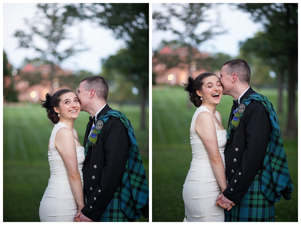 bride and groom in kilt portrait backlight Virginia Theological Seminary