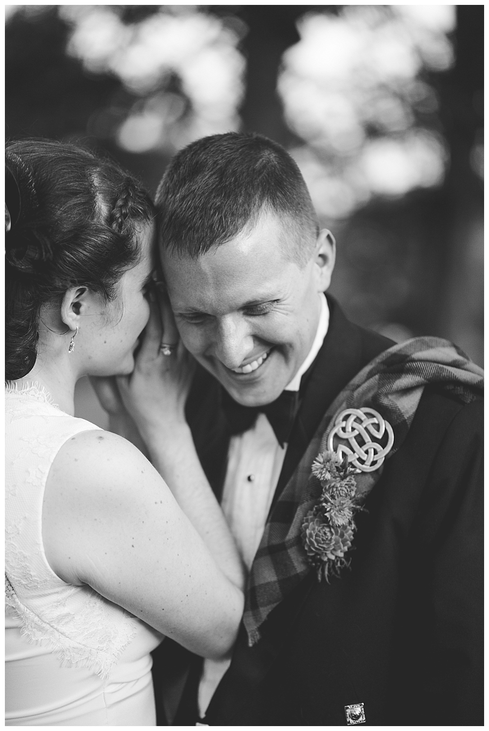 bride and groom in kilt portrait backlight Virginia Theological Seminary
