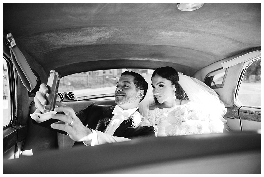 wedding selfie in a rolls royce