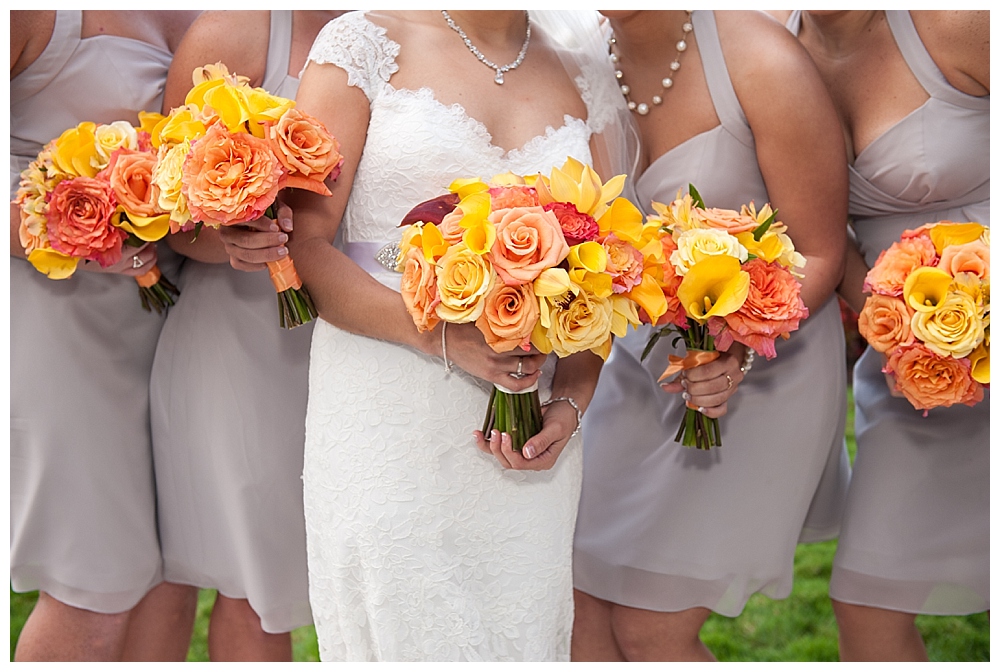 bridal party grey dresses yellow orange flowers