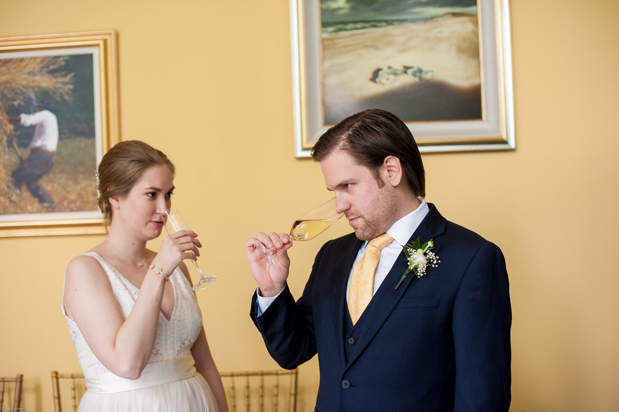 bride and groom sipping champagne during 2941 restaurant wedding Vienna Virginia