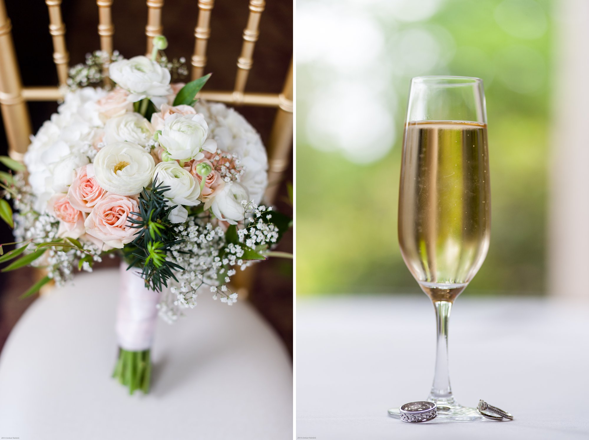 bouquet and champagne with wedding rings at 2941 restaurant wedding Vienna Virginia