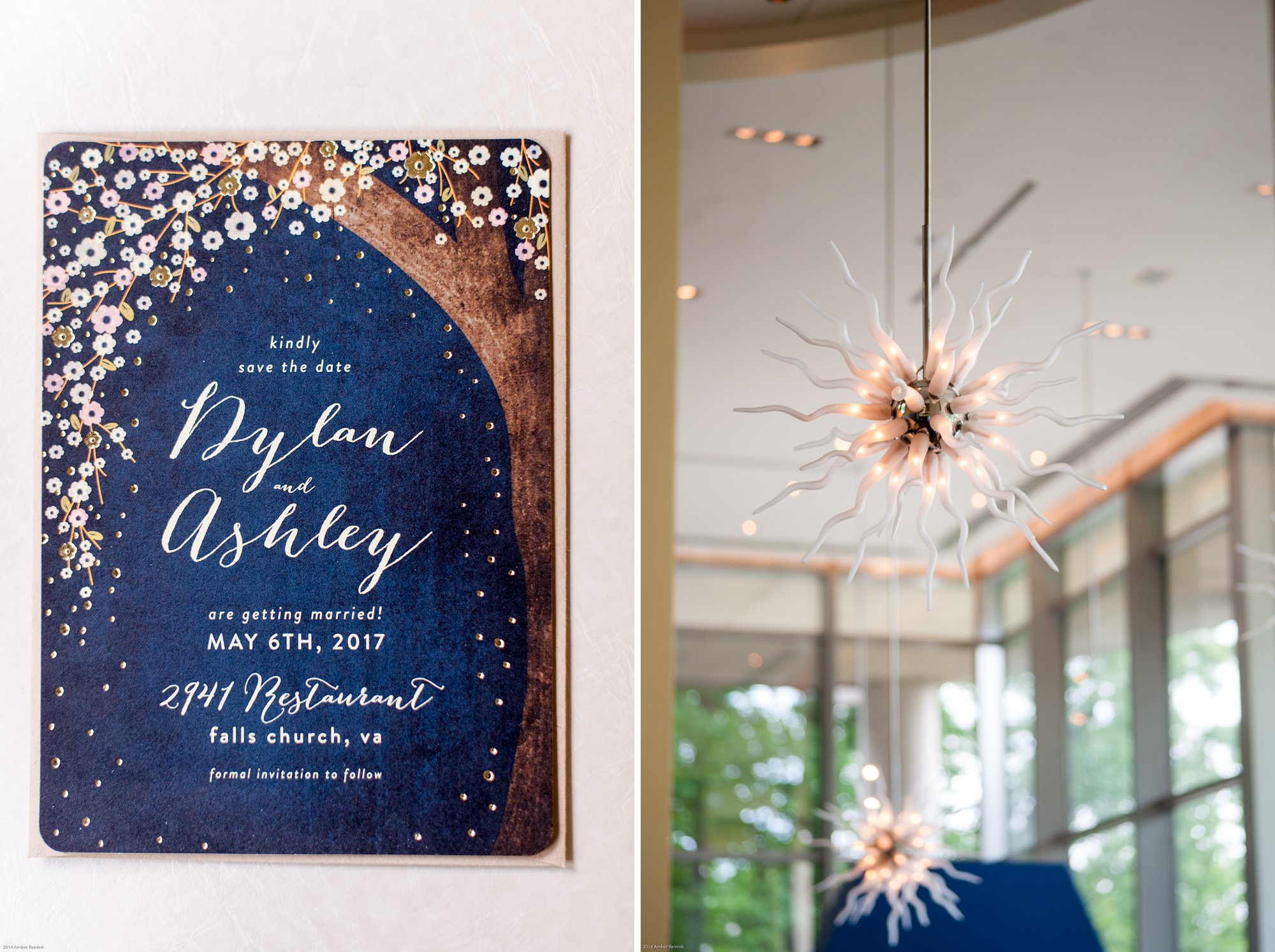 blue and gold wedding invitation at 2941 restaurant Vienna virginia