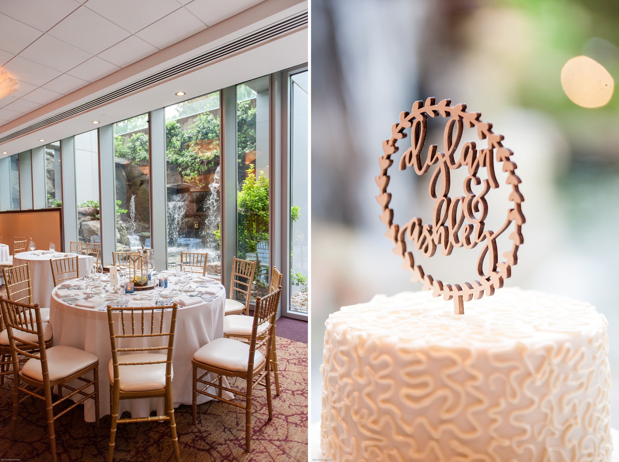 Table settings with gold lanterns and waterfall in background at 2941 restaurant wedding Vienna Virginia