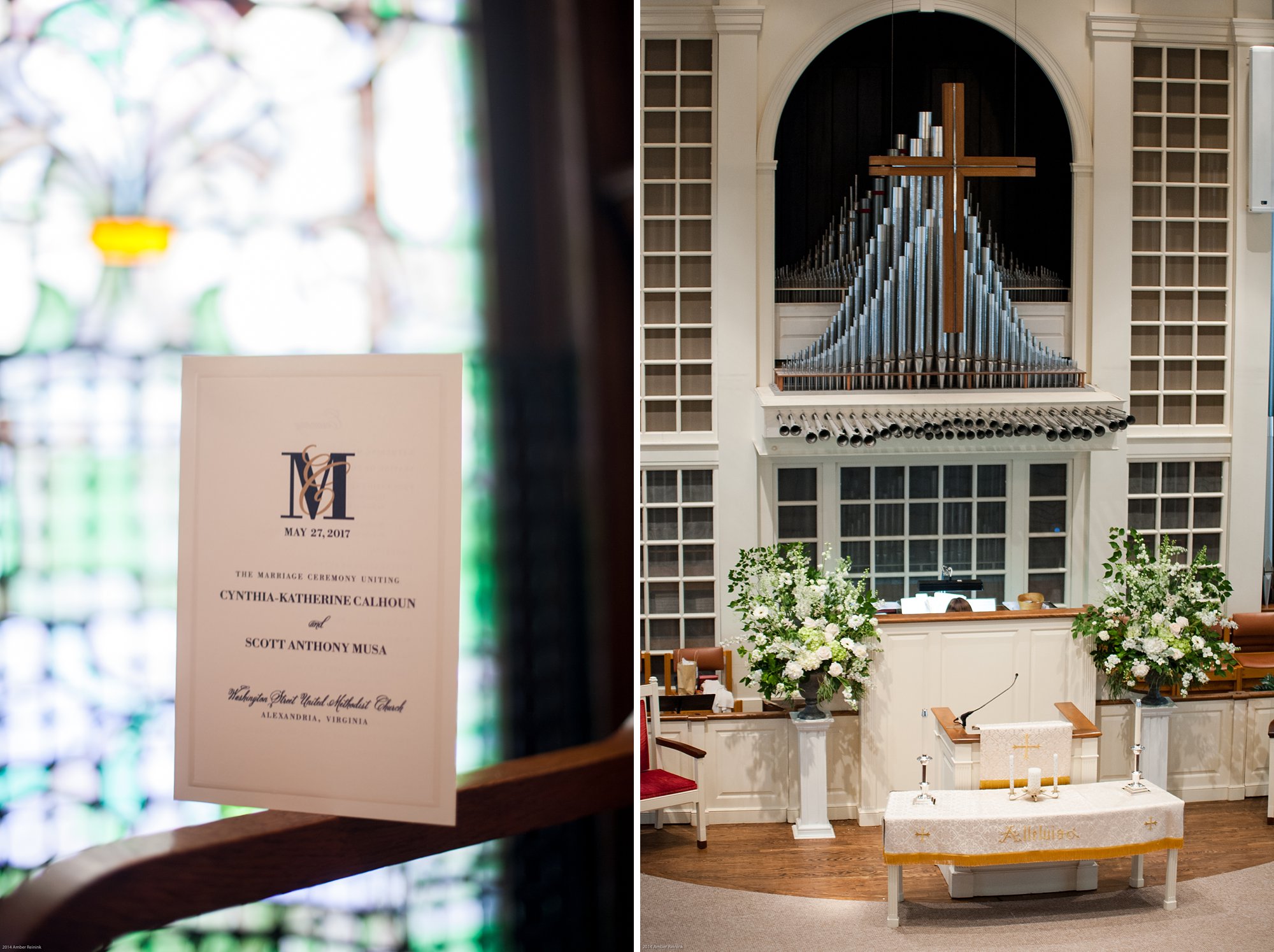 wedding program and interior of Washington street united methodist church during wedding