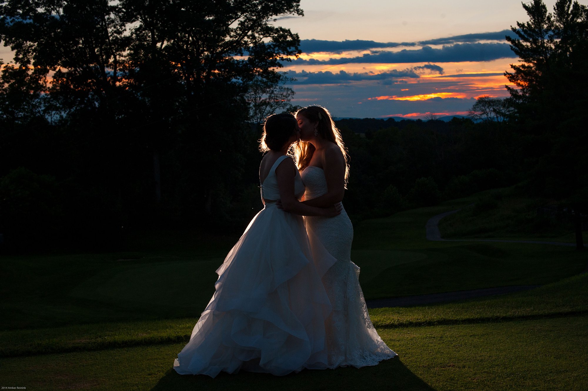 two brides silhouette portrait at sunset fauquier springs country club wedding Warrenton Virginia amber kay photography