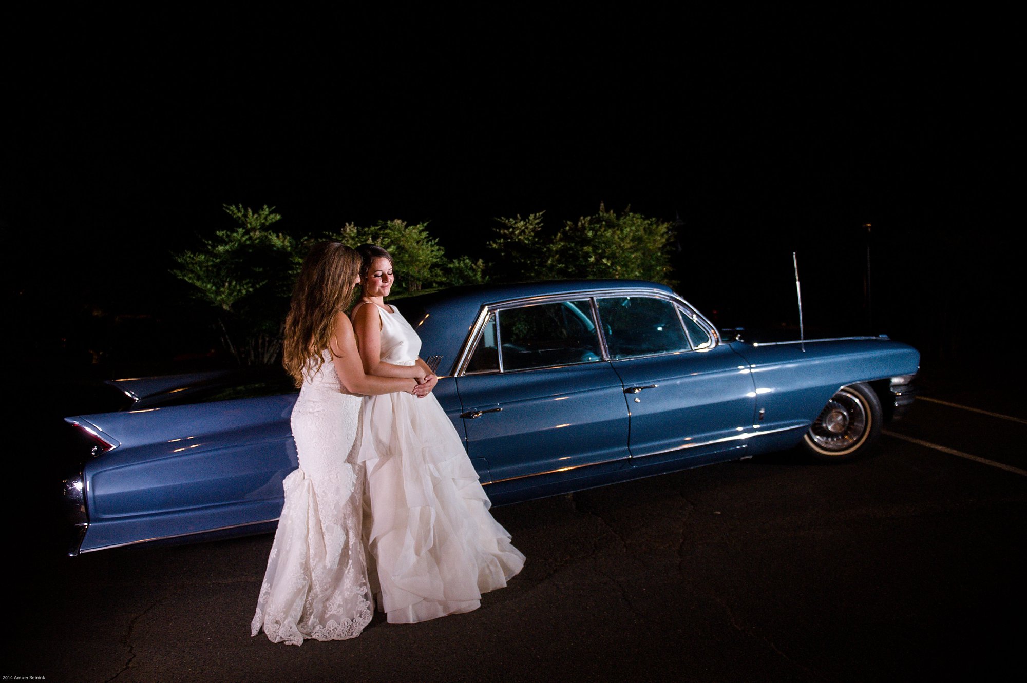 two brides posed with vintage car fauquier springs country club wedding Warrenton Virginia amber kay photography