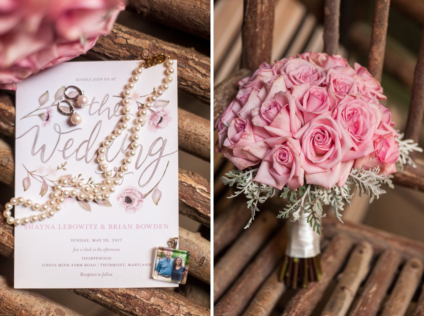 wedding invitation, bridal details, and pink rose bouquet Thorpewood Mountain Memories Thurmont, MD