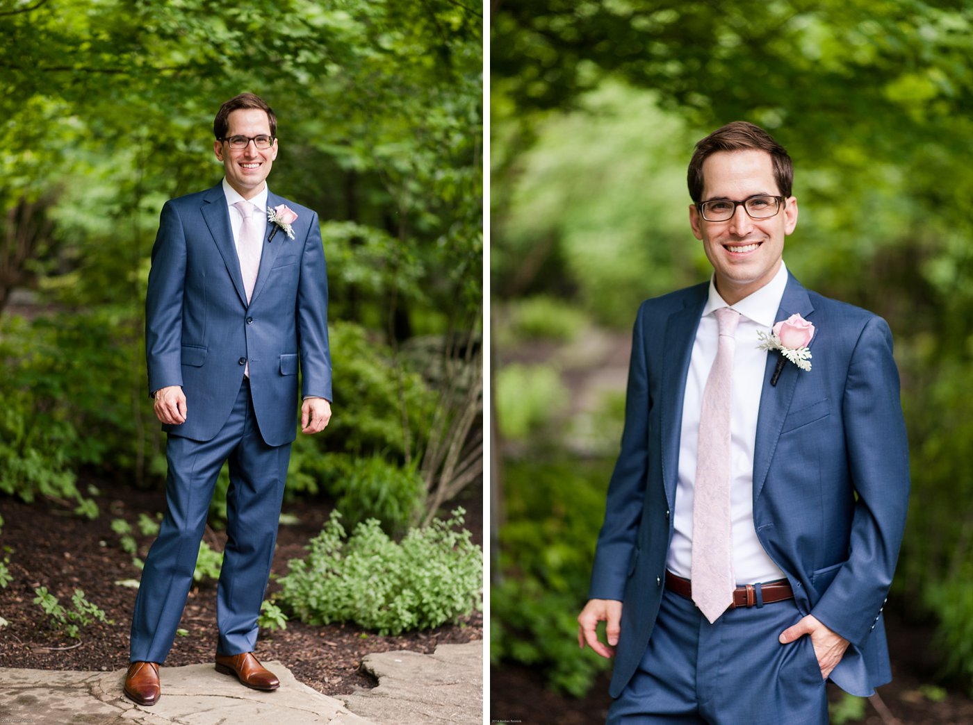 Groom wearing blue suit and pink tie at Thorpewood Mountain Memories wedding Thurmont, MD