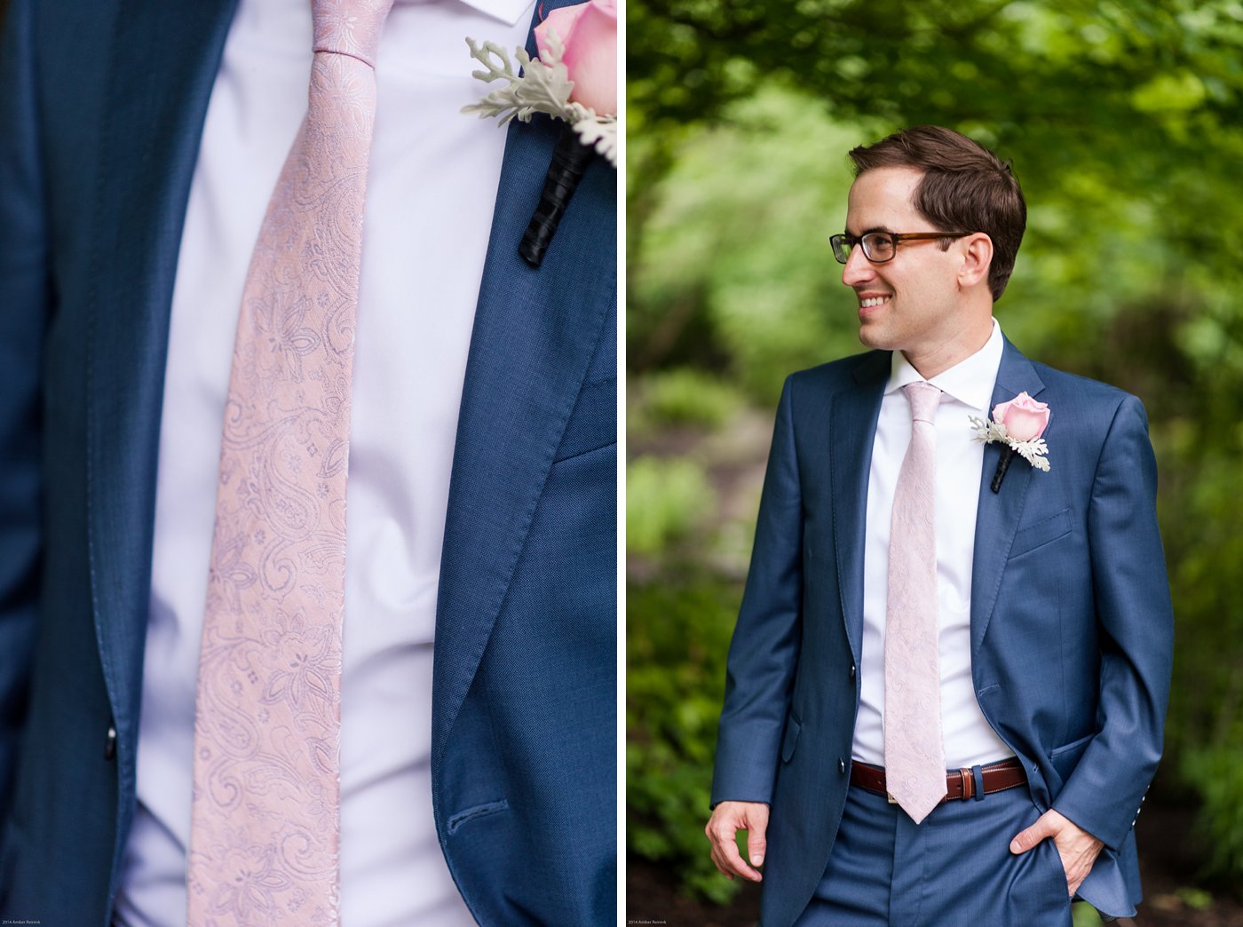 Groom wearing blue suit and pink tie at Thorpewood Mountain Memories wedding Thurmont, MD