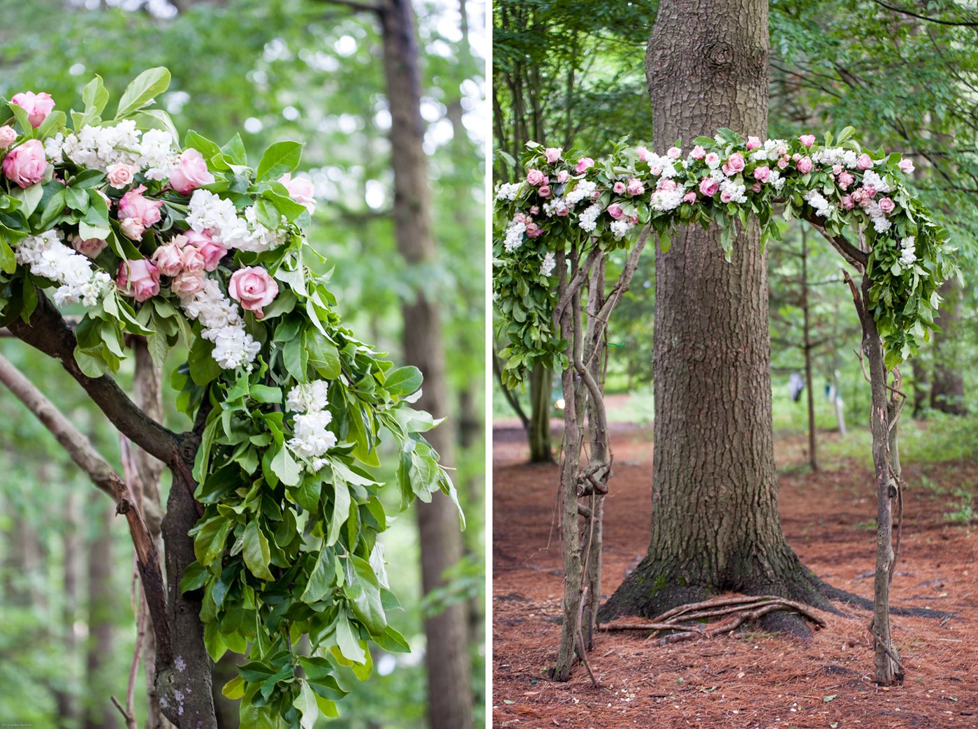 Arch decorated with pink flowers and greens for wedding ceremony Thorpewood Mountain Memories wedding Thurmont, MD