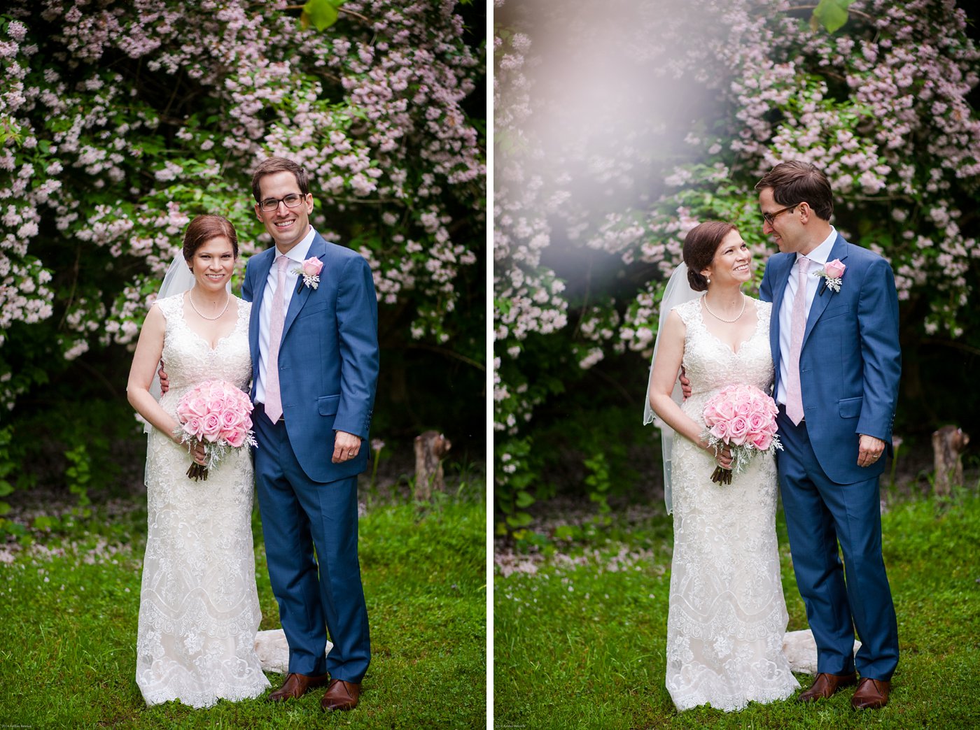 Bride and Groom in front of pink flowers at Thorpewood Mountain Memories Thurmont, MD