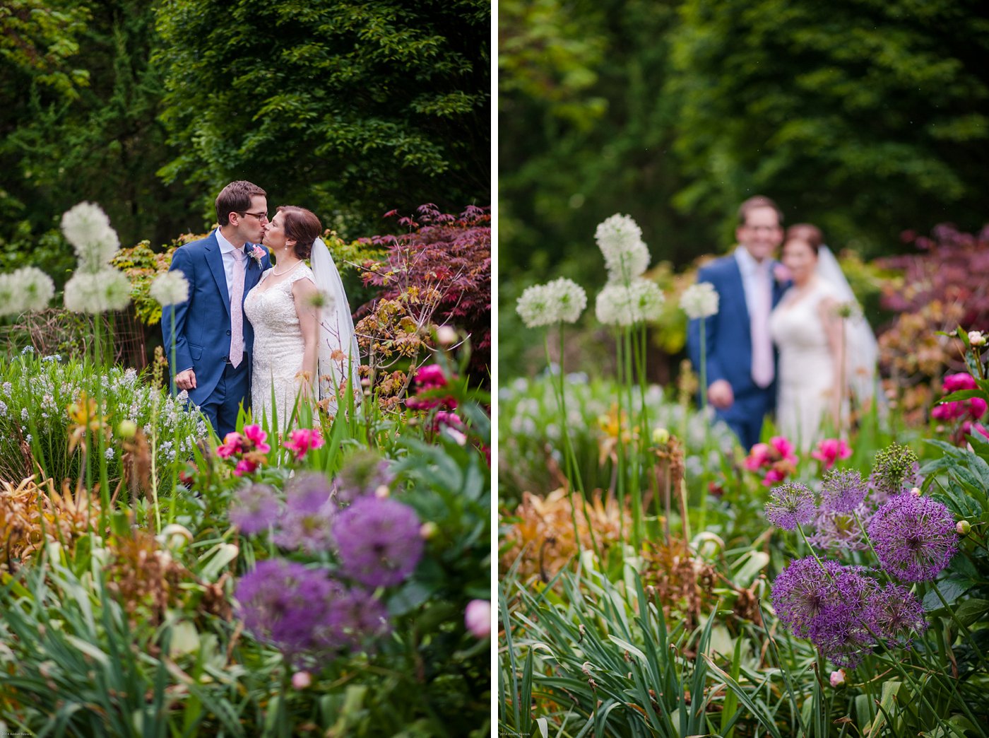 Bride and Groom in front of pink flowers at Thorpewood Mountain Memories Thurmont, MD