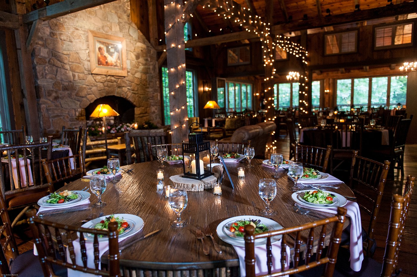 Table and inside decor with twinkle lights at Thorpewood Mountain Memories wedding Thurmont, MD