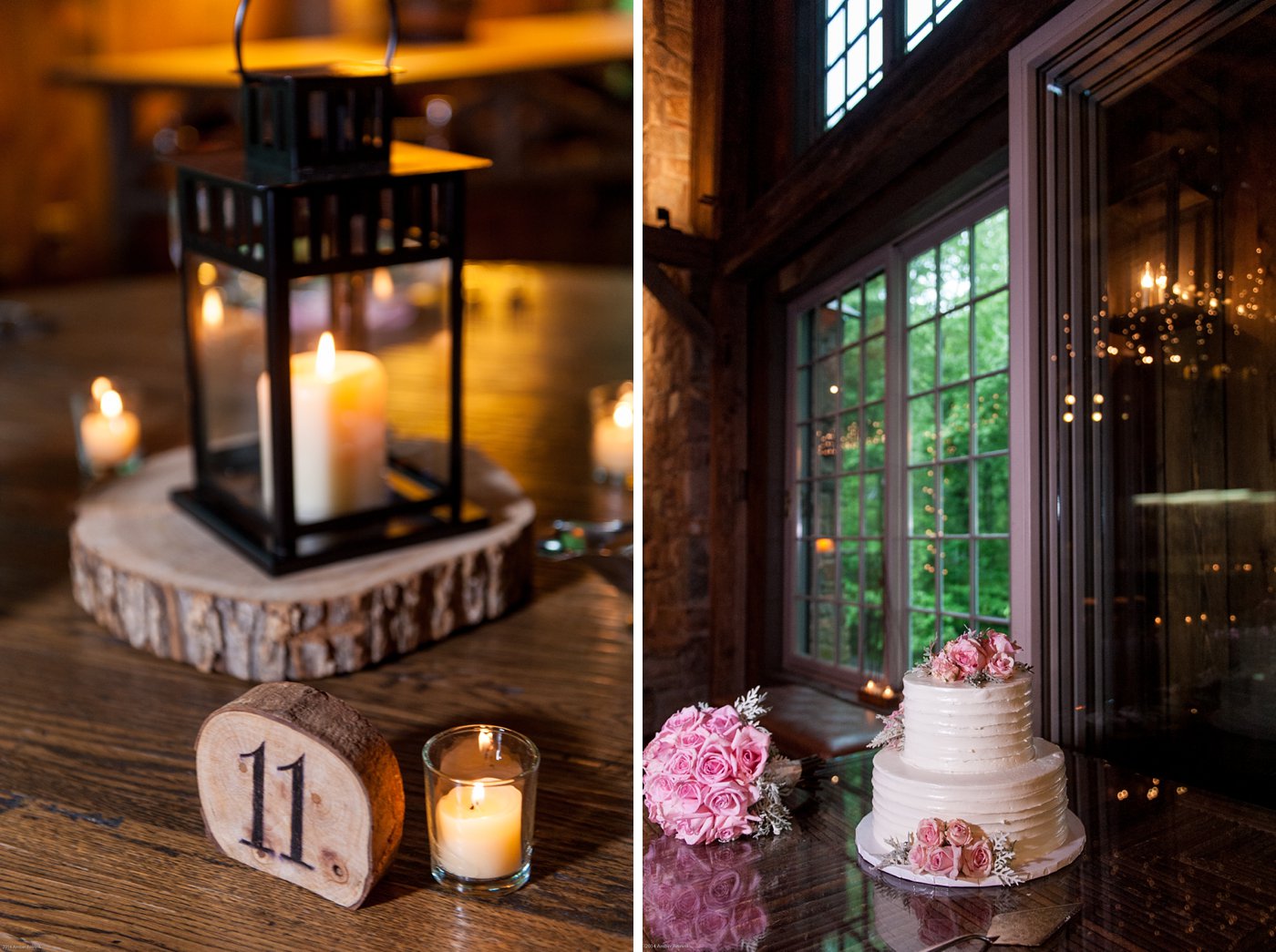 lantern and wedding cake at Thorpewood Mountain Memories wedding Thurmont, MD