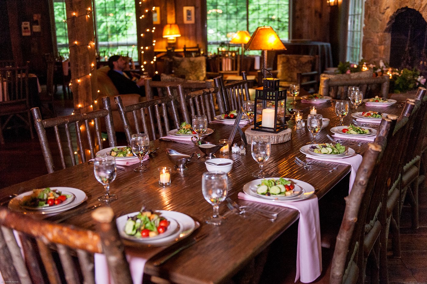Table and inside decor with twinkle lights at Thorpewood Mountain Memories wedding Thurmont, MD