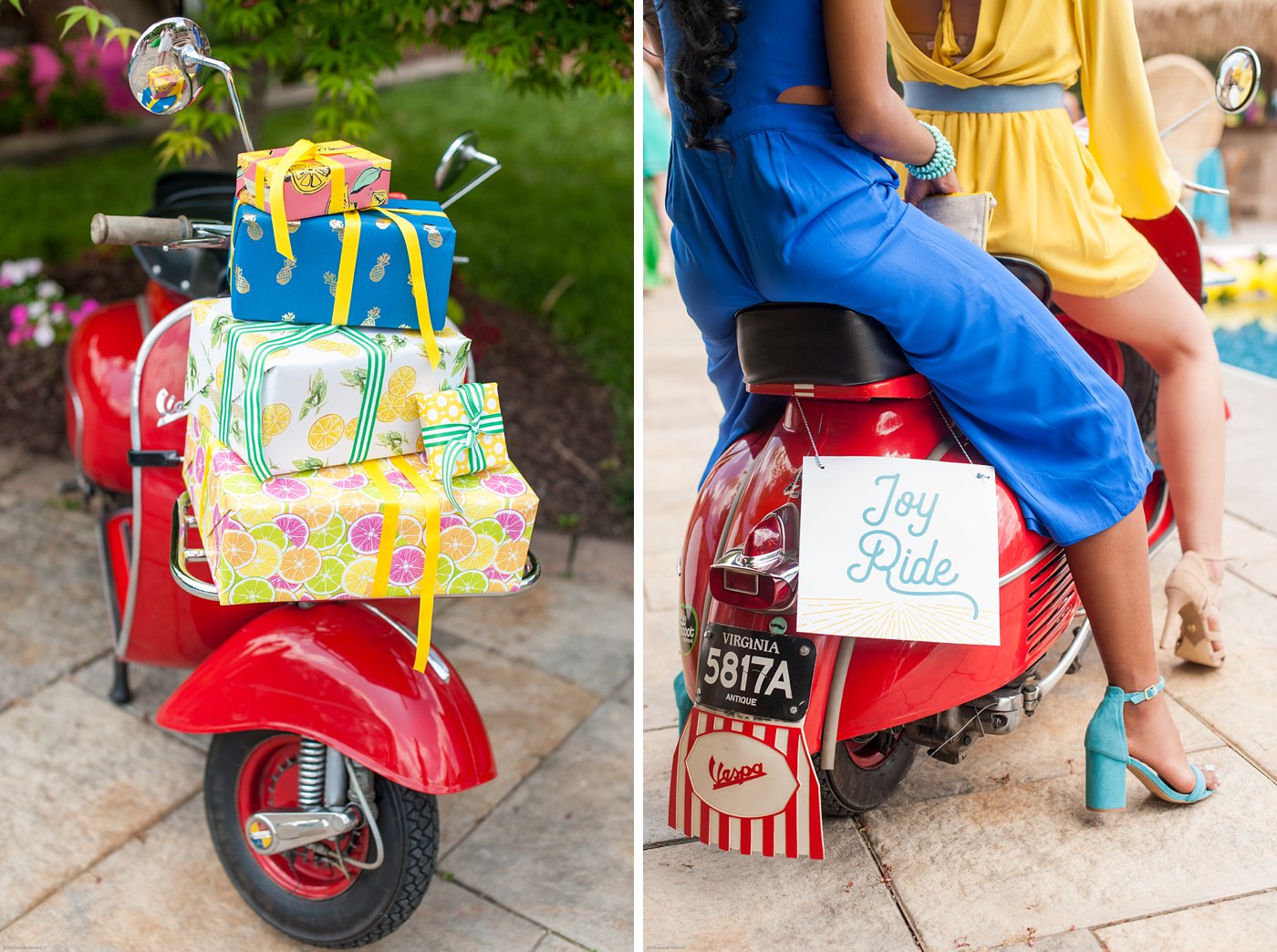vintage cabana inspired birthday party red vespa with presents