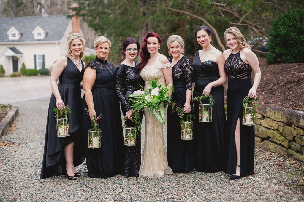 wedding party with black mismatched dresses